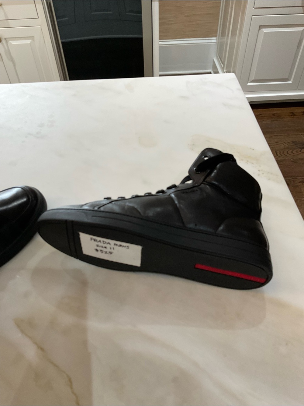 Prada Black High-Top Leather Sneakers with Red Logo Tape - Picture 5 of 8